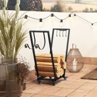 Outsunny Firewood Rack with Wheels, Metal Log Holder with Kindling and Tool Hooks, Indoor/Outdoor, 31.1" x 11.8" x 31.9", Black(m-8)