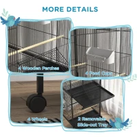 PawHut Wrought Metal Bird Cage Feeder with Rolling Stand Perches Food Containers Doors Wheels 67" H, Black(m-4)