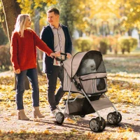 PawHut 4 Wheel Dog Pet Stroller Dog Cat Carrier Folding Sunshade Canopy with Brake, Safety Leash, Cup Holder, Brown(m-8)