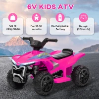 Qaba Kids ATV Quad, 6V Ride On Toy with Rechargeable Battery, Light, Music, Forward & Reverse for Toddlers, Pink(m-7)