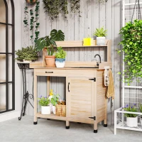 Outsunny Potting Bench Table with Sink, Outdoor Work Bench Table with Storage Cabinet, Hooks, Removable Sink, Faucet and Drawer for Greenhouse, Garden, Patio, Natural Wood(m-10)