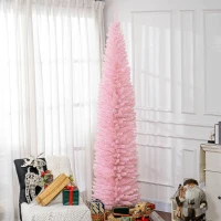 HOMCOM 8ft Unlit Pencil Artificial Christmas Tree with Realistic Branches and 618 Tips, Plastic Base, Pink(m-2)
