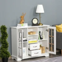 HOMCOM Modern Kitchen Sideboard with 2 Drawers, Coffee Bar Cabinet with Glass Doors Storage Cupboard and Open Shelf, White(m-1)