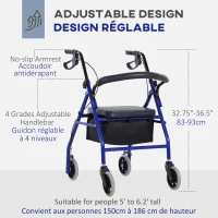 HOMCOM Folding Aluminum Rollator Walker with Adjustable Handle Height, Cushioned Flip Up Seat and Convenient Storage Bag, Rolling Wheels with 2 Barker, Blue(m-6)