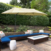 Outsunny 14ft Patio Umbrella Double-Sided Outdoor Market Extra Large Umbrella with Crank, Cross Base for Deck, Lawn, Backyard and Pool, Off-White(m-10)