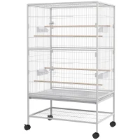 PawHut 52" Large Rolling Steel Bird Cage Bird House with Rolling Stand, Storage Shelf, Wood Perch, Food Container, Grey(m-2)