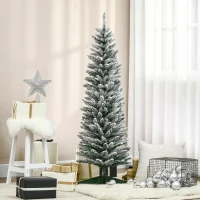 HOMCOM 5' Snow Flocked Artificial Pencil Christmas Tree, Slim Xmas Tree with Realistic Branches and Plastic Base Stand for Indoor Decoration, Green(m-10)