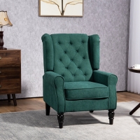 HOMCOM Fabric Accent Chair, Button Tufted Armchair, Armchair with Wood Legs, Thick Padding for Bedroom Dark Green