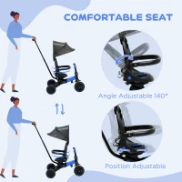 Qaba 3-in-1 Toddler Trike, Push Tricycle, & Balance Bike with Adjustable Settings, Toddler Push Bike, Baby Bike with Shady Canopy, Ages 1.5-4, Blue(m-9)