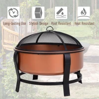 Outsunny 30 Inch Outdoor Fire Pits, Copper-Colored Round Basin Camping Fire Pit, Wood Burning Firepit Bowl with Ornate Black Base, Log grate, Wood Poker, & Mesh Screen for Embers(m-5)