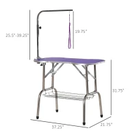 PawHut 37" Foldable Pet Grooming Table Dog Drying Table with Adjustable Arm Non-Slip Rubber Tabletop Aluminium Alloy Edge Stainless Steel Bar Hanging Leash Purple(m-3)
