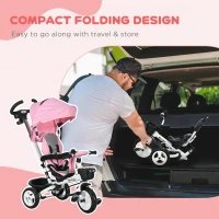 Qaba 6 in 1 Toddler Tricycle with Parent Push Handle, Canopy, Storage Baskets, Cupholder, Pink(m-5)