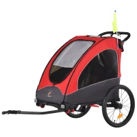 Aosom 3 In1 Baby Bike Trailer for 2 Kids, Foldable Double Jogger Stroller, 2-Seater Stroller with Shock Absorber System, Rubber Tires, Adjustable Handlebar Brake, Storage Bag, Red(m-2)