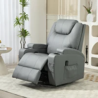 HOMCOM Massage Recliner Chair Leather Swivel Rocker Manual Reclining Chair with 8 Vibration Points, Cup Holders, Light Grey(m-8)
