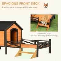 PawHut Outdoor Dog House with Porch, Wooden Dog Kennel with Water-resistant Asphalt Roof, Ladders, Fencing, Window, for Small and Medium Dog, Natural(m-5)