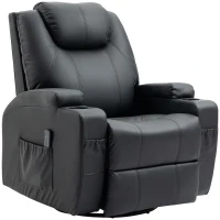 HOMCOM Massage Recliner Chair, Swivel Nursery Rocker Chair, Manual Reclining Sofa with 8 Vibration Points, PU Leather, Cup Holders, Side Pockets, for Living Room, Black(m-11)