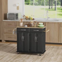 HOMCOM Kitchen Island on Wheels with Rubberwood Top, Rolling Kitchen Cart with 2 Drawers, 4 Doors and Adjustable Shelves(m-1)