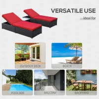 Outsunny Chaise Lounge Chair Set of 2 with 5 Angle Backrest, Outdoor Coffee Table, Water Repellent Cushions, PE Rattan Wicker Poolside Chairs, 3-Piece Pool Furniture Set, Dark Brown/Red(m-7)
