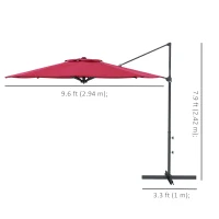 Outsunny 10 FT Cantilever Umbrella, Aluminum Hanging Offset Umbrella with 360°Rotation, Crank, Tilt, Cross Base, Red(m-3)