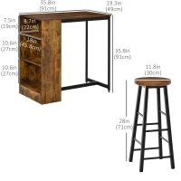HOMCOM 3 Piece Industrial Dining Table Set, Counter Height Bar Table & Stools Set with Storage Shelf, Rustic Brown/Black(m-3)