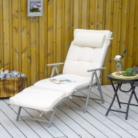 Outsunny Lounge Chair Outdoor, Folding Patio Chaise Lounger, 360 lbs 7-Position Adjustable Back Outdoor Recliner with Cushion, Headrest for Garden, Backyard, Poolside, Cream White