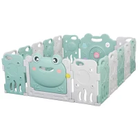 Qaba 16 pcs Baby Enclosure, Children Playpen Safety Gate Kids Activity Center Fence Frog Shape for Home Indoor Mom's Helper w/ Toys HDPE(m-10)