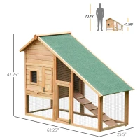 PawHut 62x26x47 Inches Rabbit Hutch Chicken Coop Wooden Poultry Hen House Small Animal Pet Cage with Outdoor Run and Ramp(m-3)