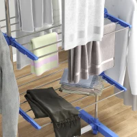 HOMCOM 3-Tier Foldable Clothes Drying Rack, Stainless Steel Laundry Rack with 2 Side Wings and 6 Castors, Collapsible Adjustable Clothes Airer for Indoor Outdoor, Blue(m-10)
