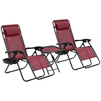 Outsunny Zero Gravity Chair Set of 2 Patio Chair with Side Table Cupholders and Pillows for Pool, Backyard, Lawn, Beach, Red(m-11)
