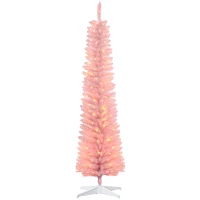 HOMCOM 7' Prelit Christmas Trees, Pencil Artificial Christmas Tree with Colorful Surface Branches, Colorful LED Lights, Pink(m-1)