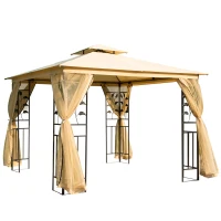 Outsunny 10' x 10' Metal Patio Gazebo, Double Roof Outdoor Gazebo Canopy Shelter with Tree Motifs Corner Frame and Netting, for Garden, Lawn, Backyard, and Deck, Beige(m-1)