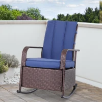 Outsunny Outdoor Wicker Rocking Chair with Cushion, Patio PE Rattan Recliner Chair with Adjustable Footrest, Armrests, Dark Blue(m-8)