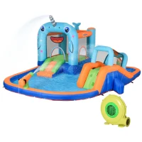 Outsunny 13.8 x 12FT Large Inflatable Water Slide Bouncy Castle, Narwhals Style Kids Bounce House with 450W Blower, Slide, Trampoline, Pool, Water Cannons, Climbing Wall, Carry Bag(m-11)