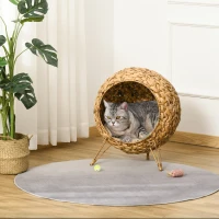 PawHut 20.5" Weaved Cat Bed, Elevated Hand-woven Braided Banana Leaf Kitten House Condo with Cushion, Natural(m-2)