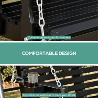 Outsunny Porch Swing with Chains and Cupholders, 2 Person Wooden Patio Swing Chair, 440 lbs. Weight Capacity, for Garden, Poolside, Backyard, Black(m-5)