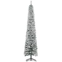 HOMCOM 8' Tall Unlit Slim Pencil Xmas Tree, Snow Flocked Artificial Christmas Tree with Realistic Branches and 603 Tips, Green(m-11)