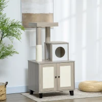 PawHut Cat Litter Box Enclosure Furniture with Cat Tree, Hidden Litter Box with Scratching Post, Bed, Modern Cat House Indoor, Gray(m-10)