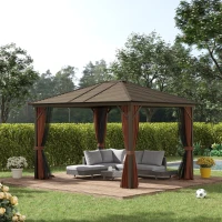 Outsunny 10' x 12' Hardtop Gazebo with Curtains and Netting, Permanent Pavilion Metal Single Roof Gazebo Canopy with Aluminum Frame and Hooks, for Garden, Patio, Backyard, Coffee Brown(m-10)