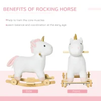Qaba 2 in 1 Kids Rocking Horse, Rolling Unicorn with Sound, Wooden Base, Pedal, Grip Handle, for 3-6 Years Old, White(m-6)