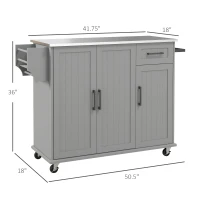 HOMCOM Kitchen Island with Wheels, Kitchen Island on Wheels with Drawer, 3 Cabinets, Stainless Steel Countertop, Gray(m-3)