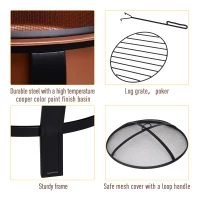 Outsunny 30 Inch Outdoor Fire Pits, Copper-Colored Round Basin Camping Fire Pit, Wood Burning Firepit Bowl with Ornate Black Base, Log grate, Wood Poker, & Mesh Screen for Embers(m-4)