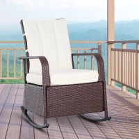 Outsunny Outdoor Wicker Rocking Chair with Cushion, Patio PE Rattan Recliner Chair with Adjustable Footrest, Armrests, Cream White(m-8)