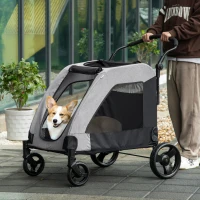 PawHut 4 Wheel Pet Stroller with Storage Basket, Afjustable Handle, Ventilated Oxford Fabric for Medium Size Dogs Cat Grey(m-8)