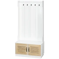 HOMCOM Modern Hall Tree, Entryway Coat Rack with Shoe Bench, 5 Hooks, Storage Shelf and Slatted Door Cabinet for Hallway, White(m-11)