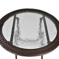 Outsunny 26.8" Dia. (68 Dia. cm) Folding Round Tempered Glass Metal Table with Brown Rattan Edging, Brown(m-10)