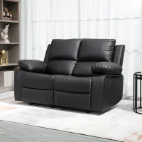 HOMCOM Double Reclining Loveseat, PU Leather Manual Recliner Sofa Chair with Pullback Control Footrest for Living Room, Black(m-8)