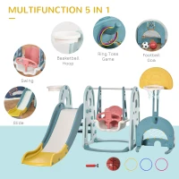 Qaba 5 in 1 Toddler Slide and Swing Set with Adjustable Seat Height and Basketball Hoop, Ring Toss Game, Freestanding Kids Climber Slide Playset with Basket Ball for Indoor Playground 18-60 Months(m-6)