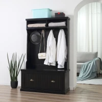 HOMCOM Entryway Bench with Coat Rack, 4 Double Hooks and 2 Compartments, Hall Tree with Bench and Shoe Storage for Hallway, Living Room, Black(m-10)