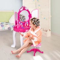 Qaba Children Dressing Table Set Girls Pretend Princess Vanity Table Chair with Music and Lightening Cosmetic Mirror Hair Dryer Nail Polish Necklace Bracelet(m-1)
