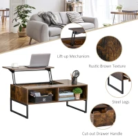 HOMCOM Wood Lift Top Coffee Table with Hidden Storage Compartment, Side Drawer with Metal Frame Design, Lift Tabletop Dining Table for Home, Living Room, Office(m-6)